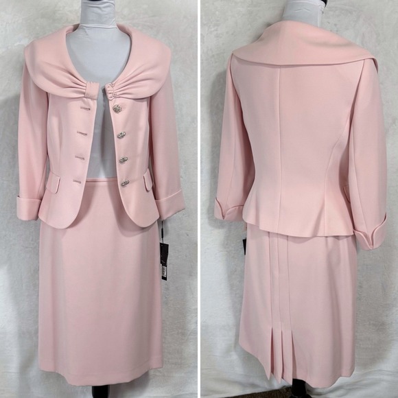 NEW Tahari ASL Blazer Skirt Suit Size 6 4 Bow Pleated Pale Pink Icon 2 Pc Set - Picture 2 of 16